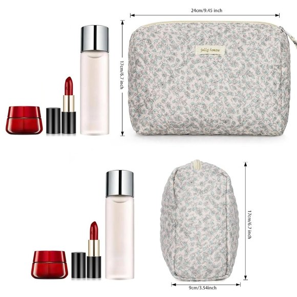 Women Kawaii Floral Cosmetic Large Travel Toiletry Cosmetic Pouch Creamy Green - Picture 2 of 7